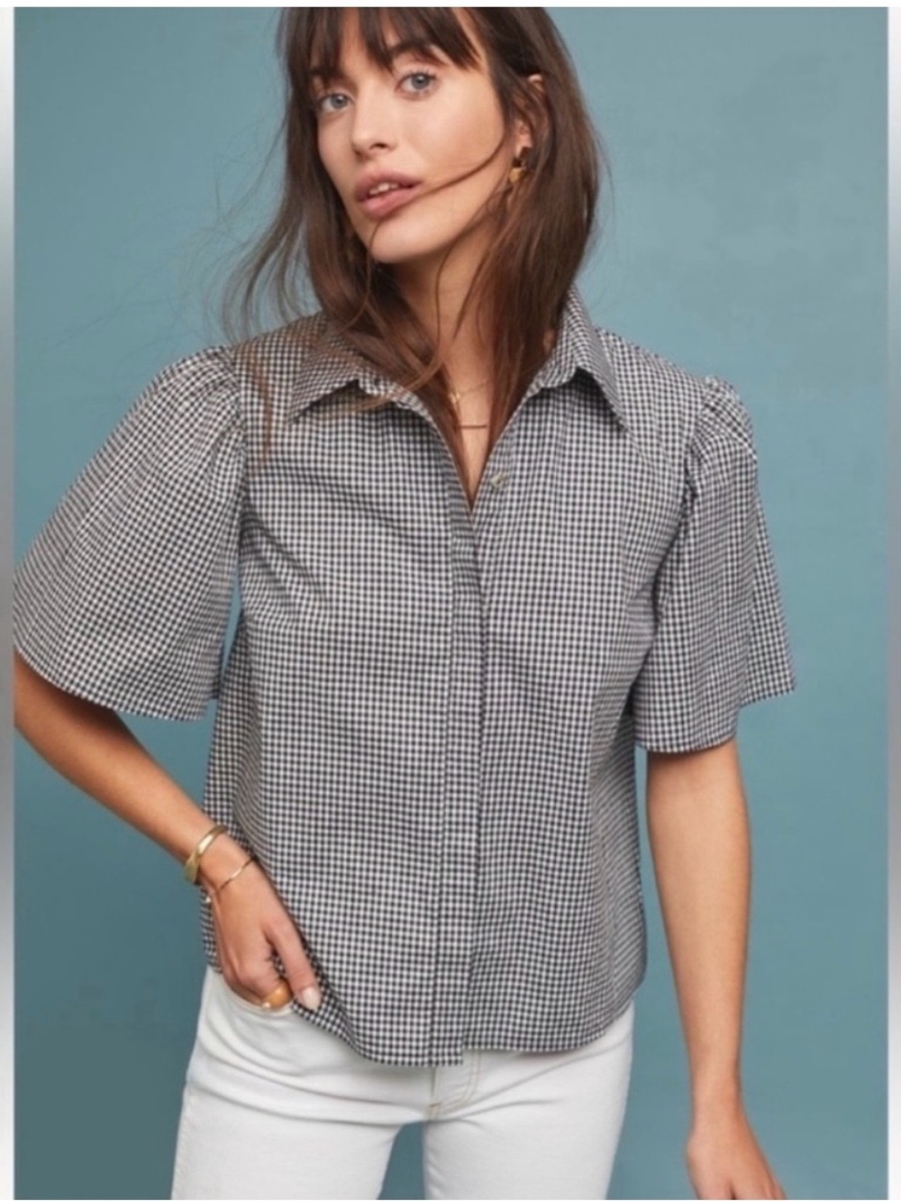 Anthropologie Black and White Gingham Button-Down Top